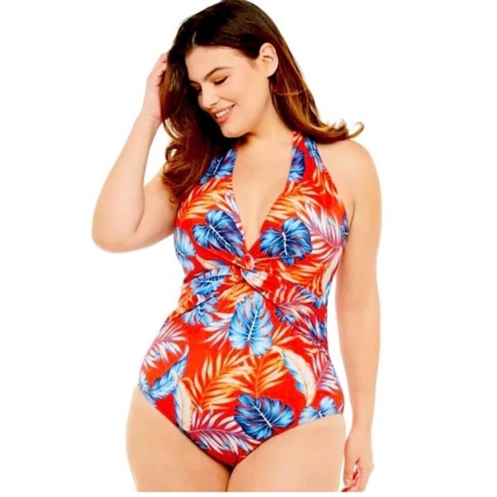 Evri‎ Twist Front Halter One Piece Swimsuit Floral Womens 1X Red Hawaiian